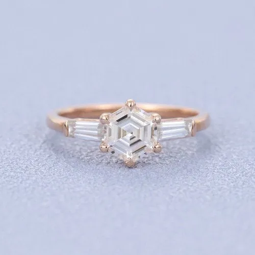 0.85ct Unique Hexagon moissanite engagement ring vintage rose gold ring baguette ring wedding ring Anniversary promise ring Crismistmas