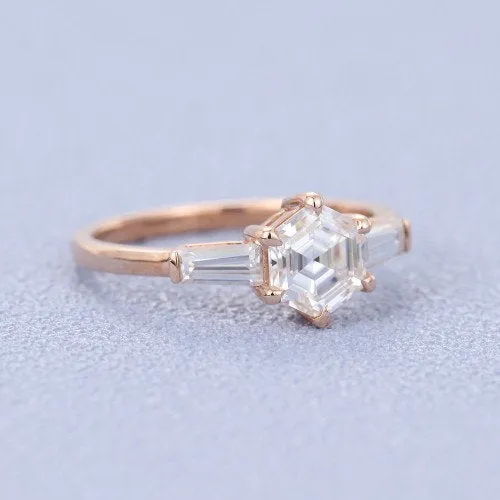 0.85ct Unique Hexagon moissanite engagement ring vintage rose gold ring baguette ring wedding ring Anniversary promise ring Crismistmas
