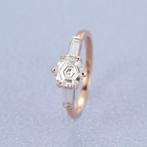 0.85ct Unique Hexagon moissanite engagement ring vintage rose gold ring baguette ring wedding ring Anniversary promise ring Crismistmas