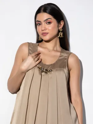 1 pc - Peanut Satin with inverted Pleated Kurta - with Swarovski Style Patch