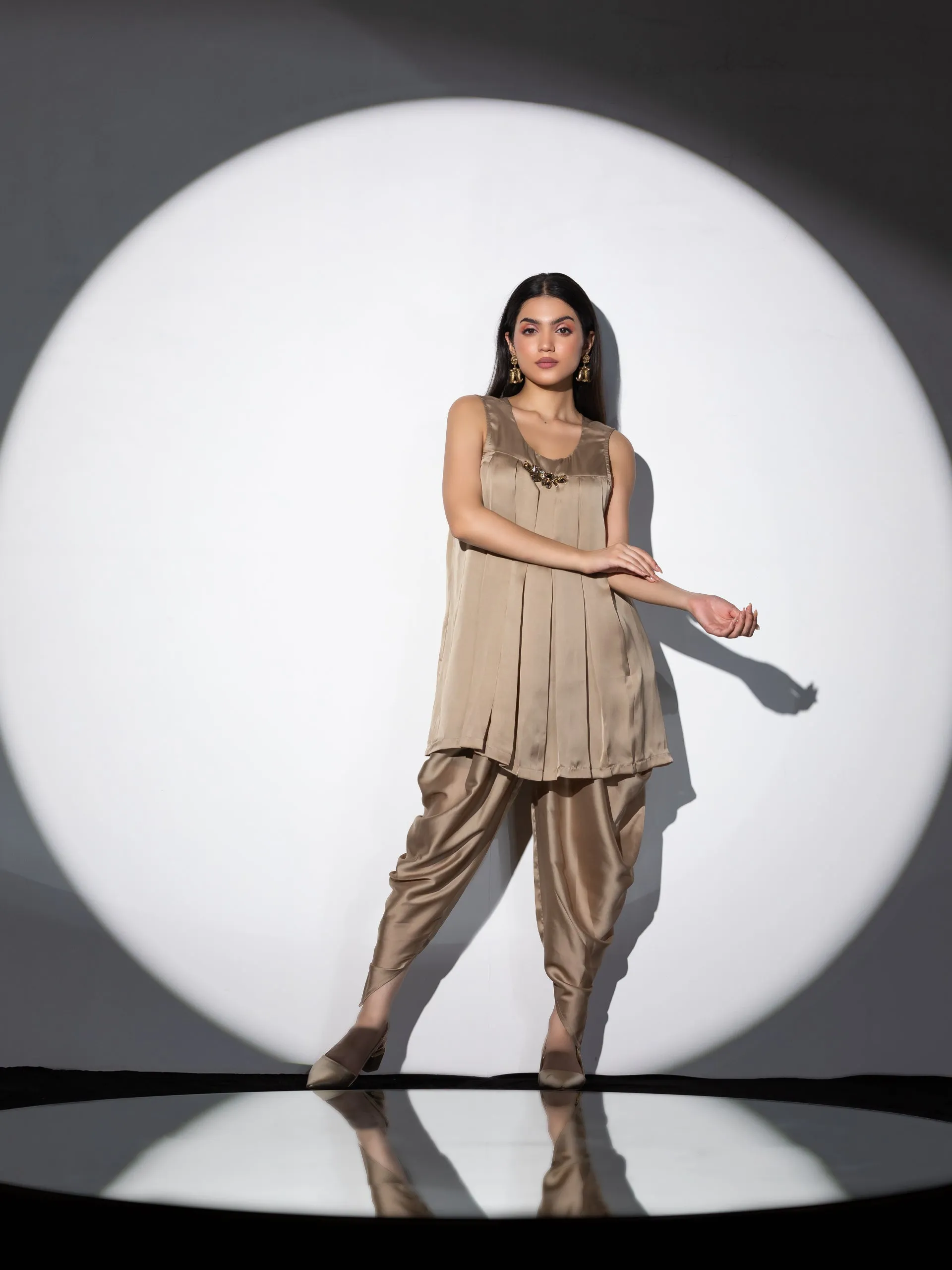 1 pc - Peanut Satin with inverted Pleated Kurta - with Swarovski Style Patch