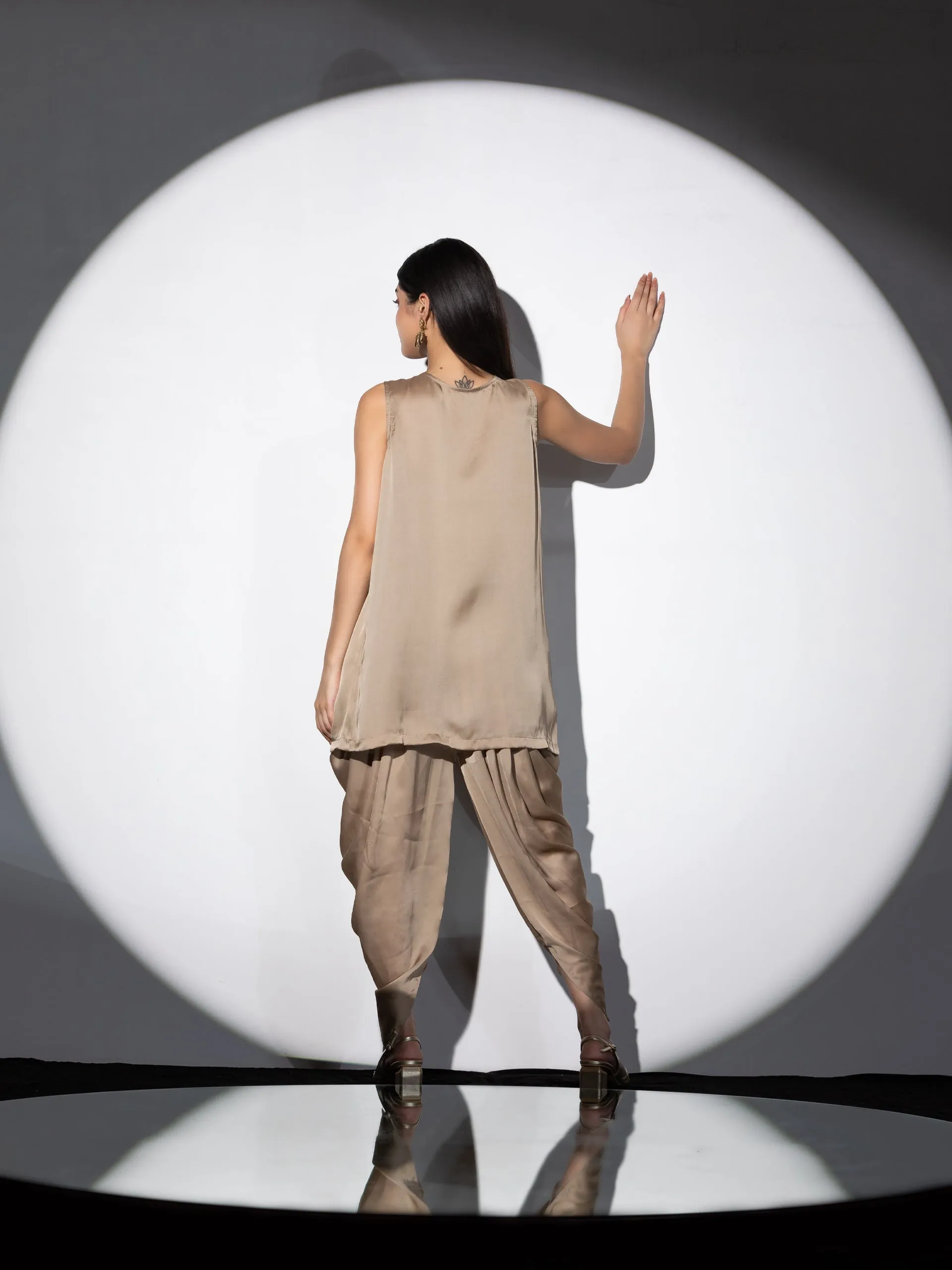 1 pc - Peanut Satin with inverted Pleated Kurta - with Swarovski Style Patch