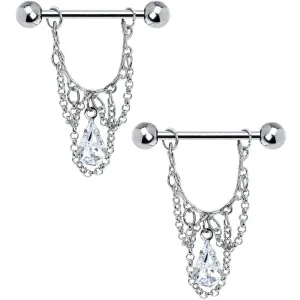 14 Gauge 5/8 Clear Teardrop Chain Dangle Nipple Ring Set