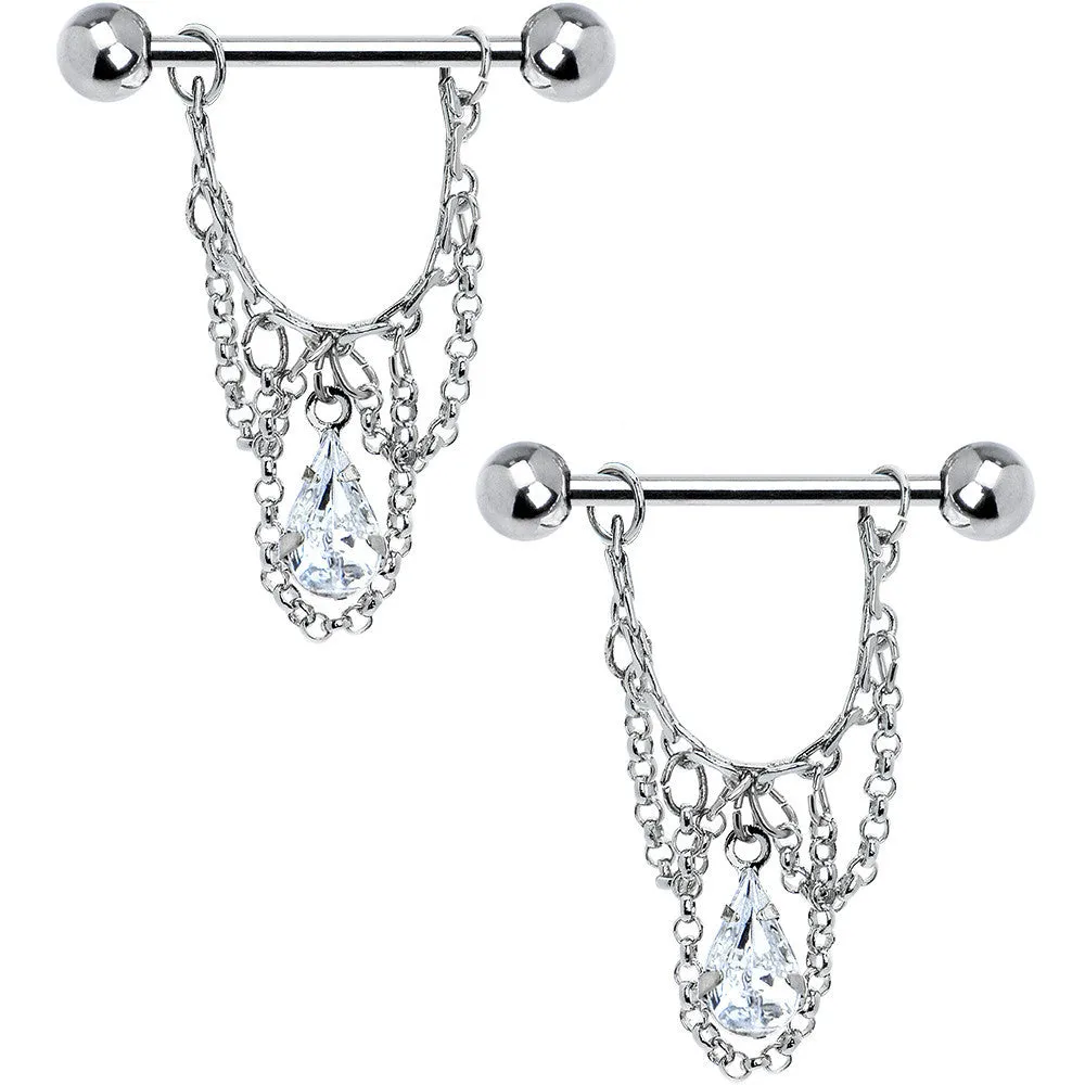 14 Gauge 5/8 Clear Teardrop Chain Dangle Nipple Ring Set