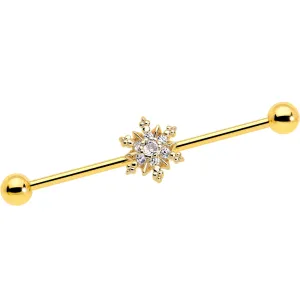 14 Gauge Clear CZ Gem Gold Tone Glam Snowflake Industrial Barbell 38mm