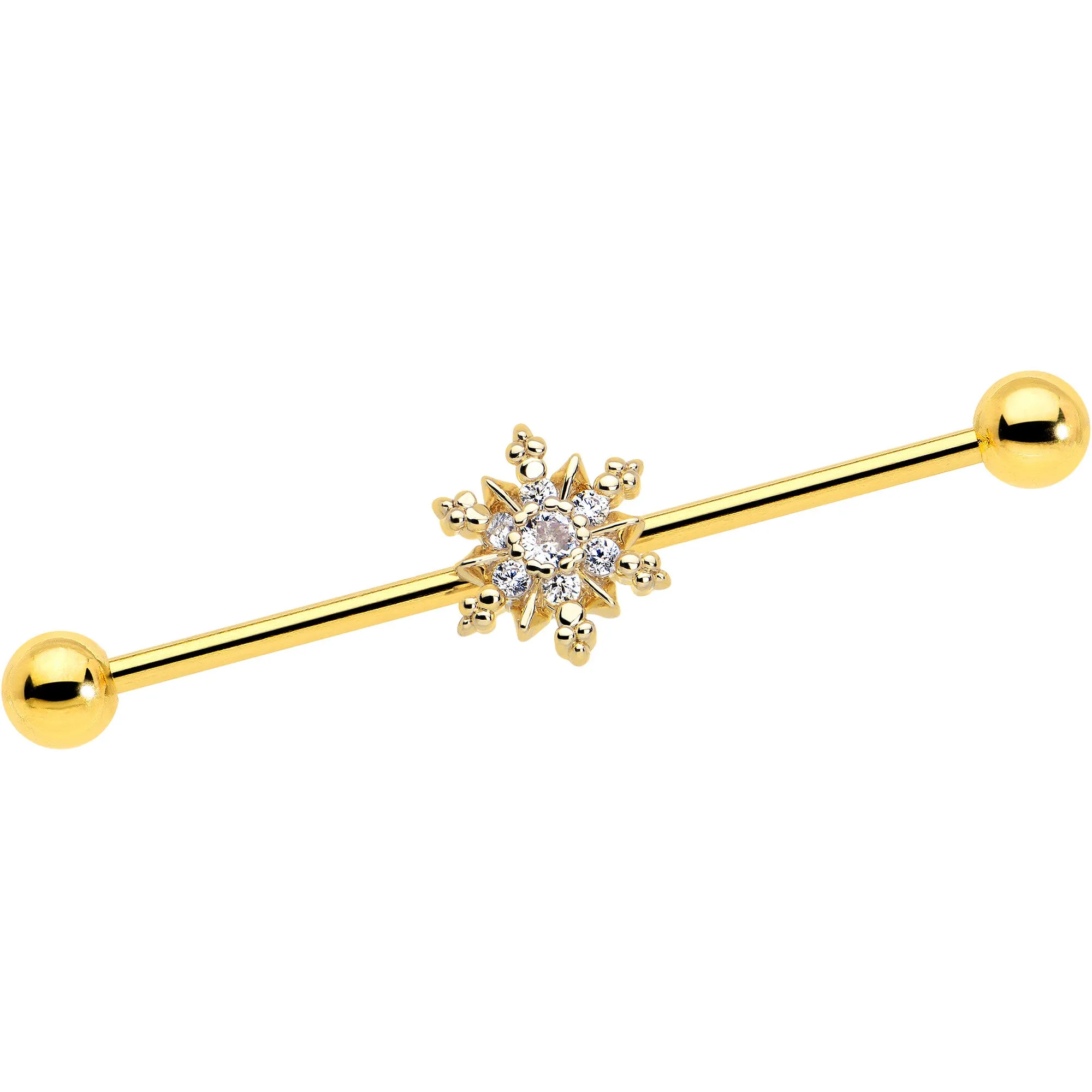 14 Gauge Clear CZ Gem Gold Tone Glam Snowflake Industrial Barbell 38mm