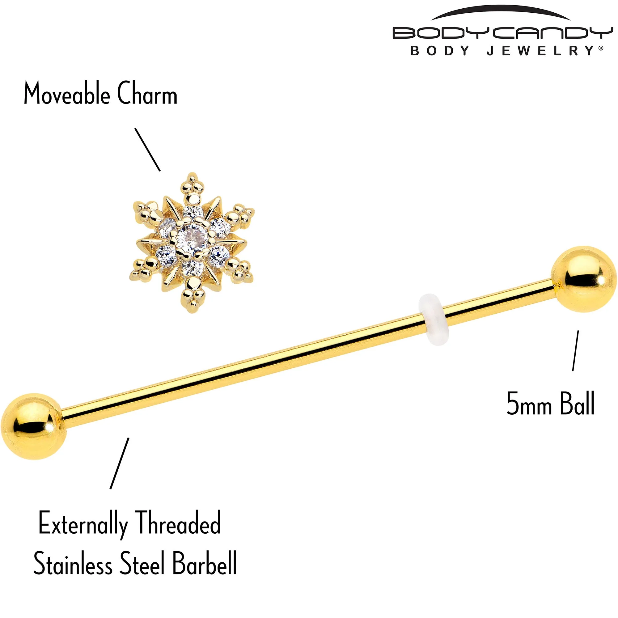14 Gauge Clear CZ Gem Gold Tone Glam Snowflake Industrial Barbell 38mm