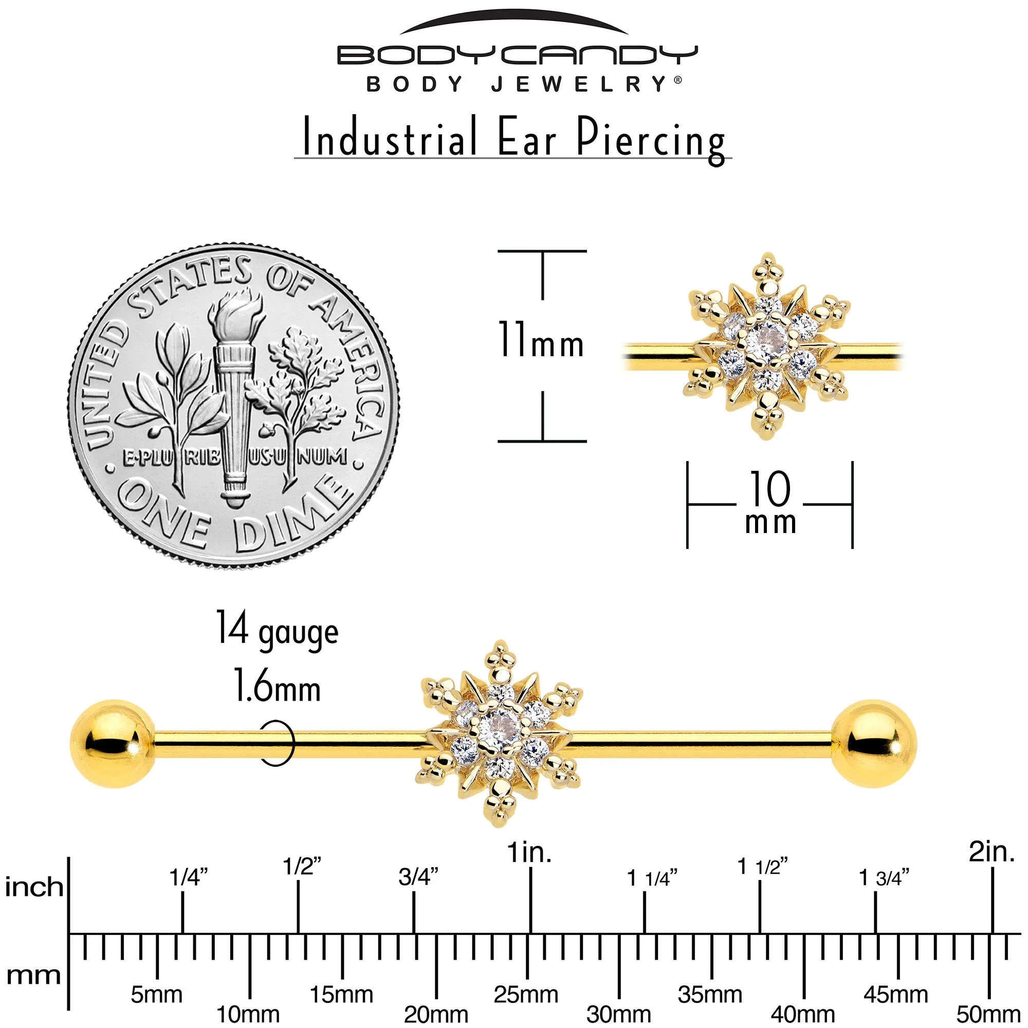 14 Gauge Clear CZ Gem Gold Tone Glam Snowflake Industrial Barbell 38mm