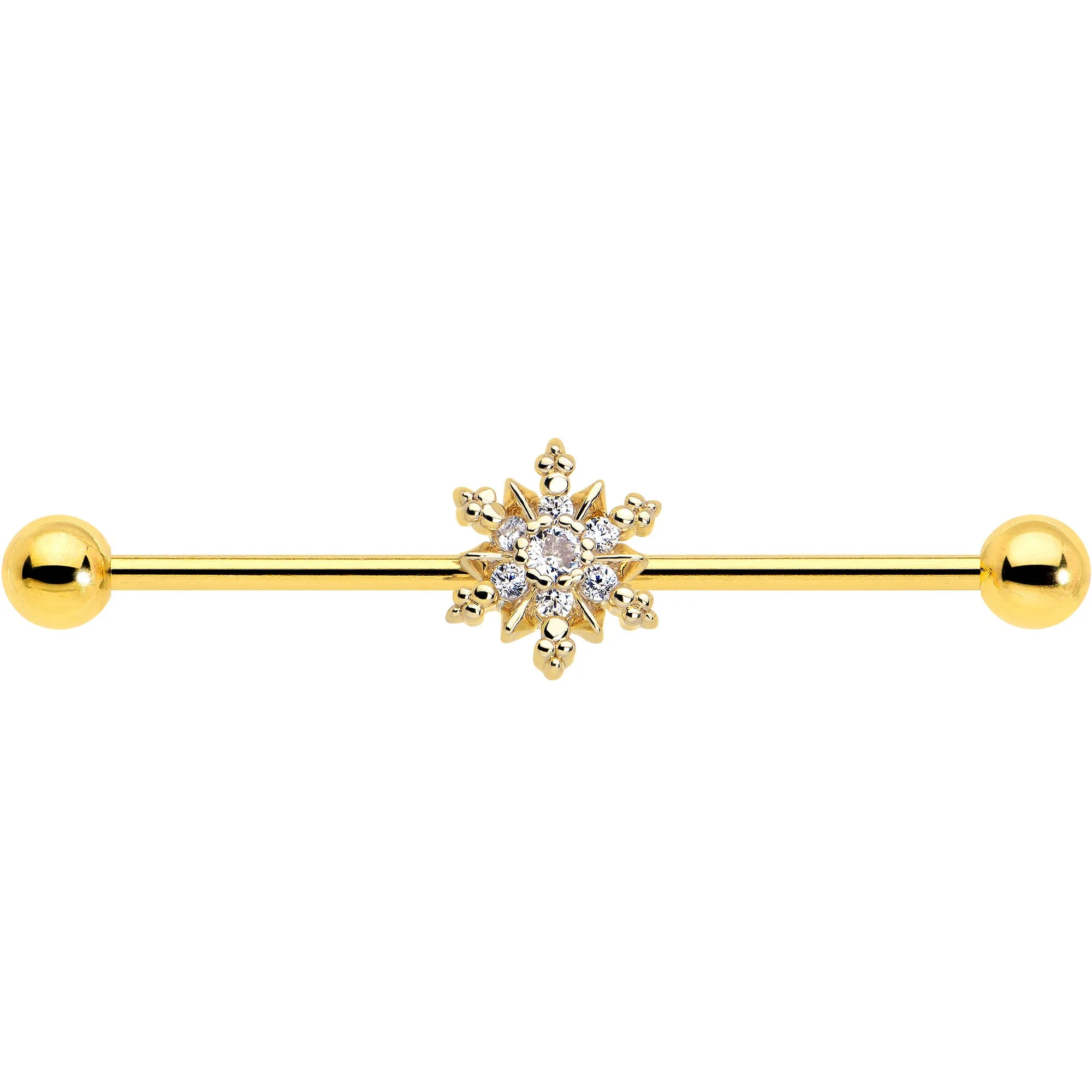 14 Gauge Clear CZ Gem Gold Tone Glam Snowflake Industrial Barbell 38mm