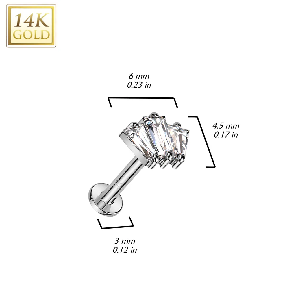 14K Solid Gold Threadless Labret With 3 CZ Fan Top