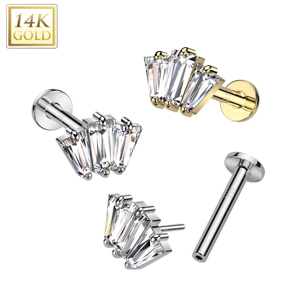 14K Solid Gold Threadless Labret With 3 CZ Fan Top