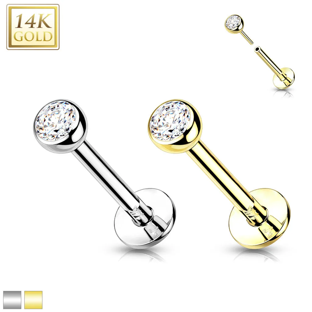 14K Solid Gold Threadless Labret With Bezel CZ Top 16G