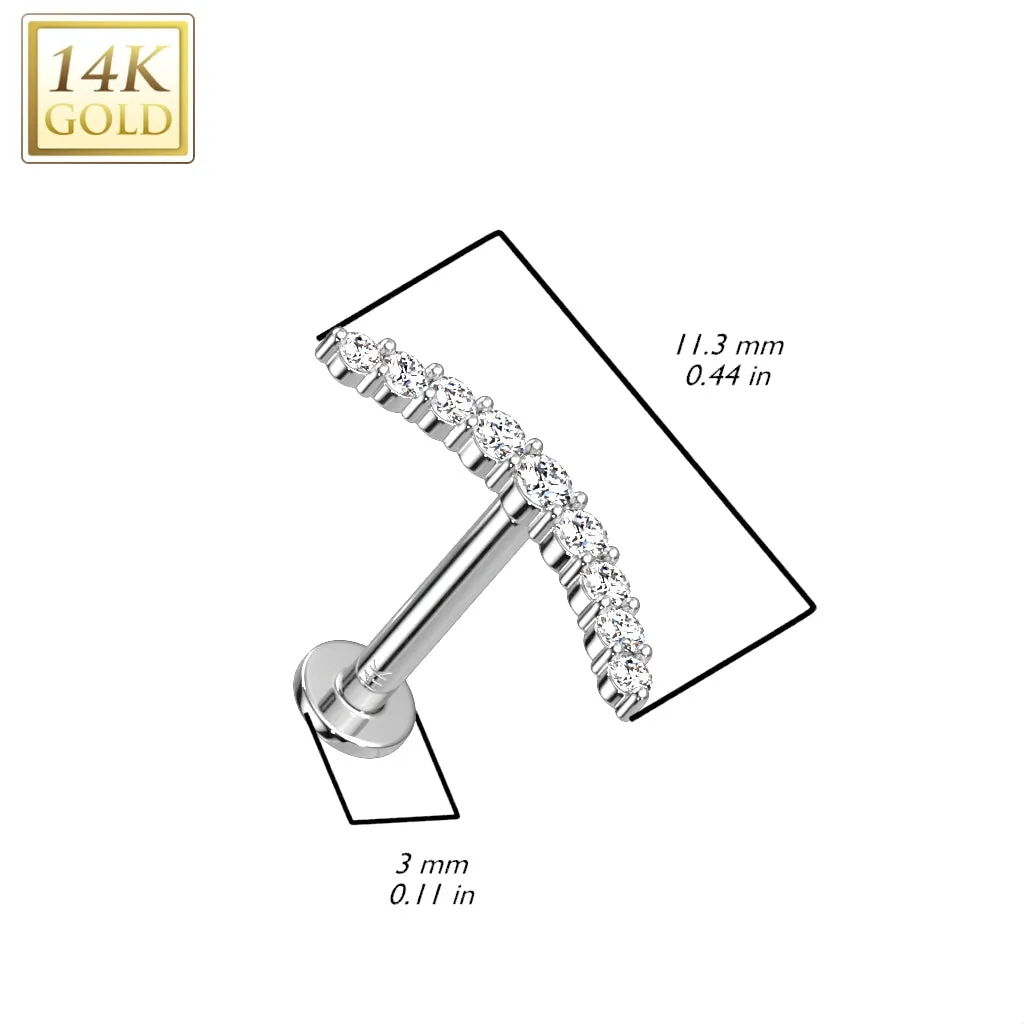 14K Solid Gold Threadless Labret With CZ Paved Curve Top