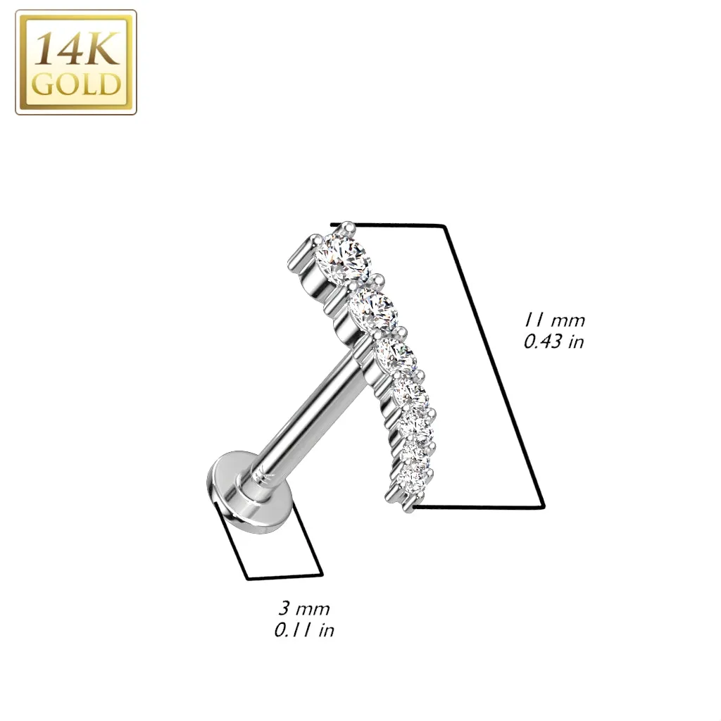 14K Solid Gold Threadless Labret With Prong CZ Curve Top