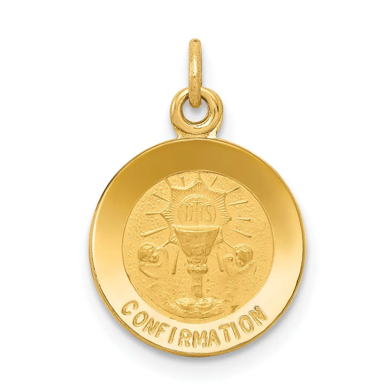 14K Yellow Gold Confirmation with Chalice Cup Round Disc Medal Pendant
