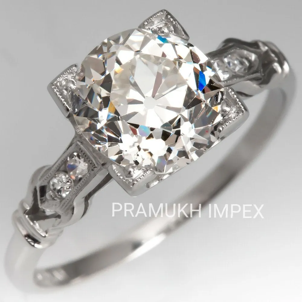 2.24Carat Edwardian Old Mine Round Cut Diamond Ring, 14k White Gold Moissanite Vintage Engagement Ring 1910s