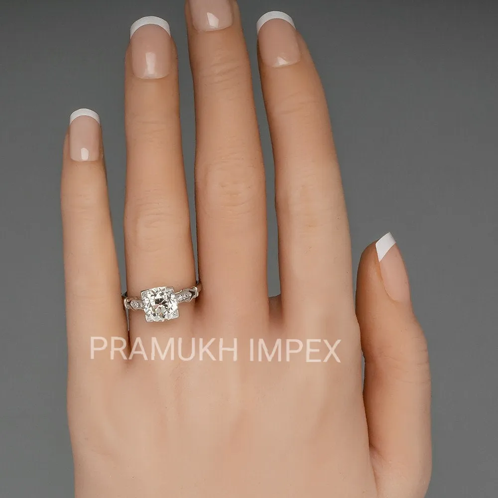 2.24Carat Edwardian Old Mine Round Cut Diamond Ring, 14k White Gold Moissanite Vintage Engagement Ring 1910s