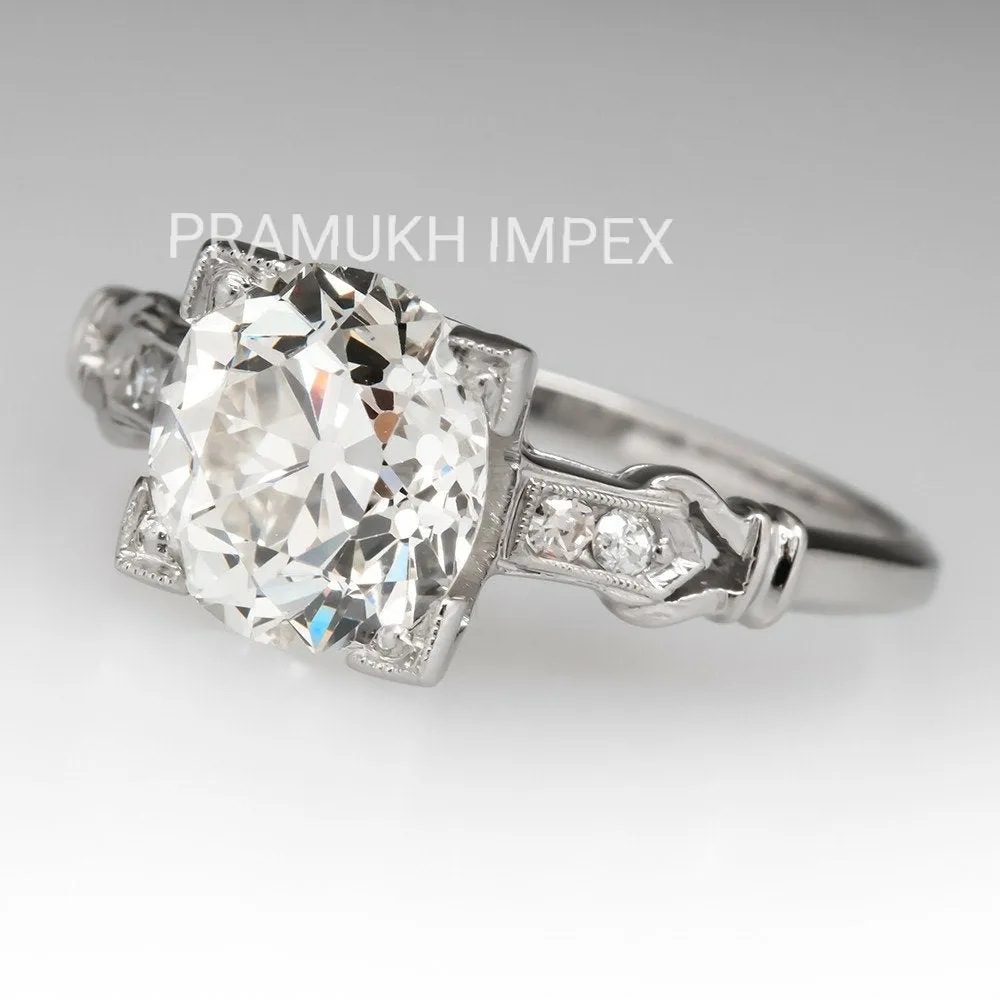 2.24Carat Edwardian Old Mine Round Cut Diamond Ring, 14k White Gold Moissanite Vintage Engagement Ring 1910s