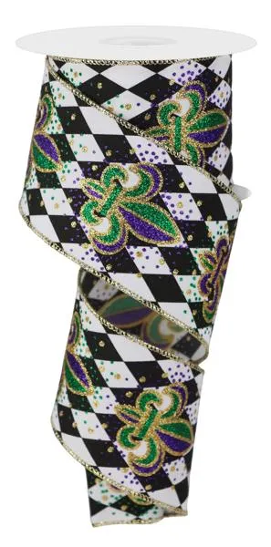 2.5" Fleur De Lis Harlequin: Black, White, Mardi Gras (10 Yards) RGE1703