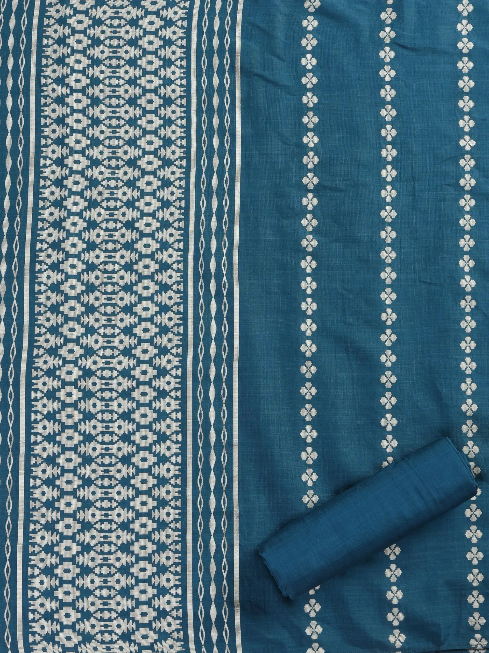3 pc Unstitched Suit SET - Blue Cotton Silk Jacquard Kurta with Heavy Dupatta and Pyjama