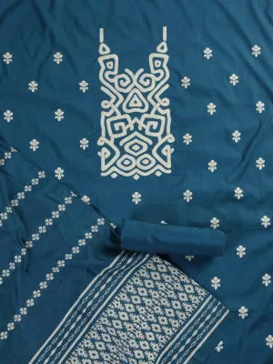 3 pc Unstitched Suit SET - Blue Cotton Silk Jacquard Kurta with Heavy Dupatta and Pyjama