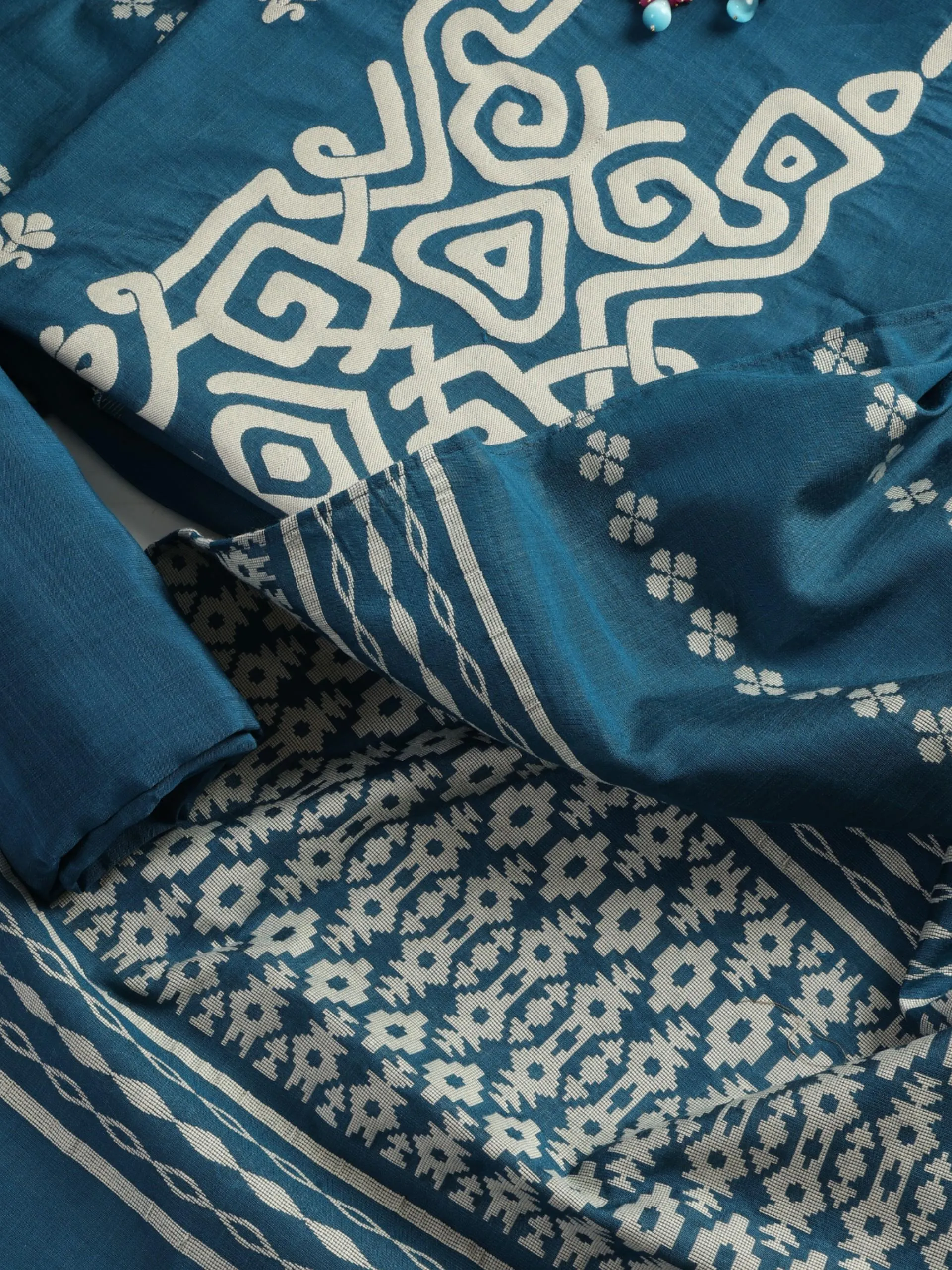 3 pc Unstitched Suit SET - Blue Cotton Silk Jacquard Kurta with Heavy Dupatta and Pyjama