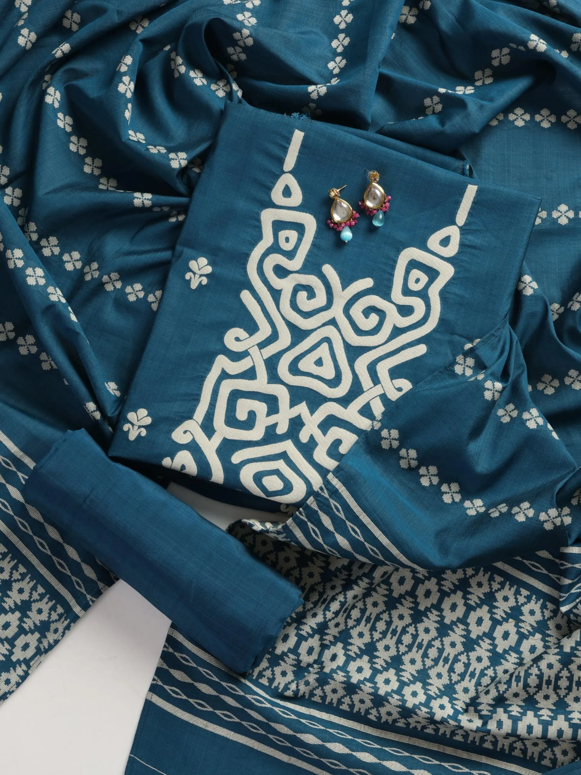 3 pc Unstitched Suit SET - Blue Cotton Silk Jacquard Kurta with Heavy Dupatta and Pyjama