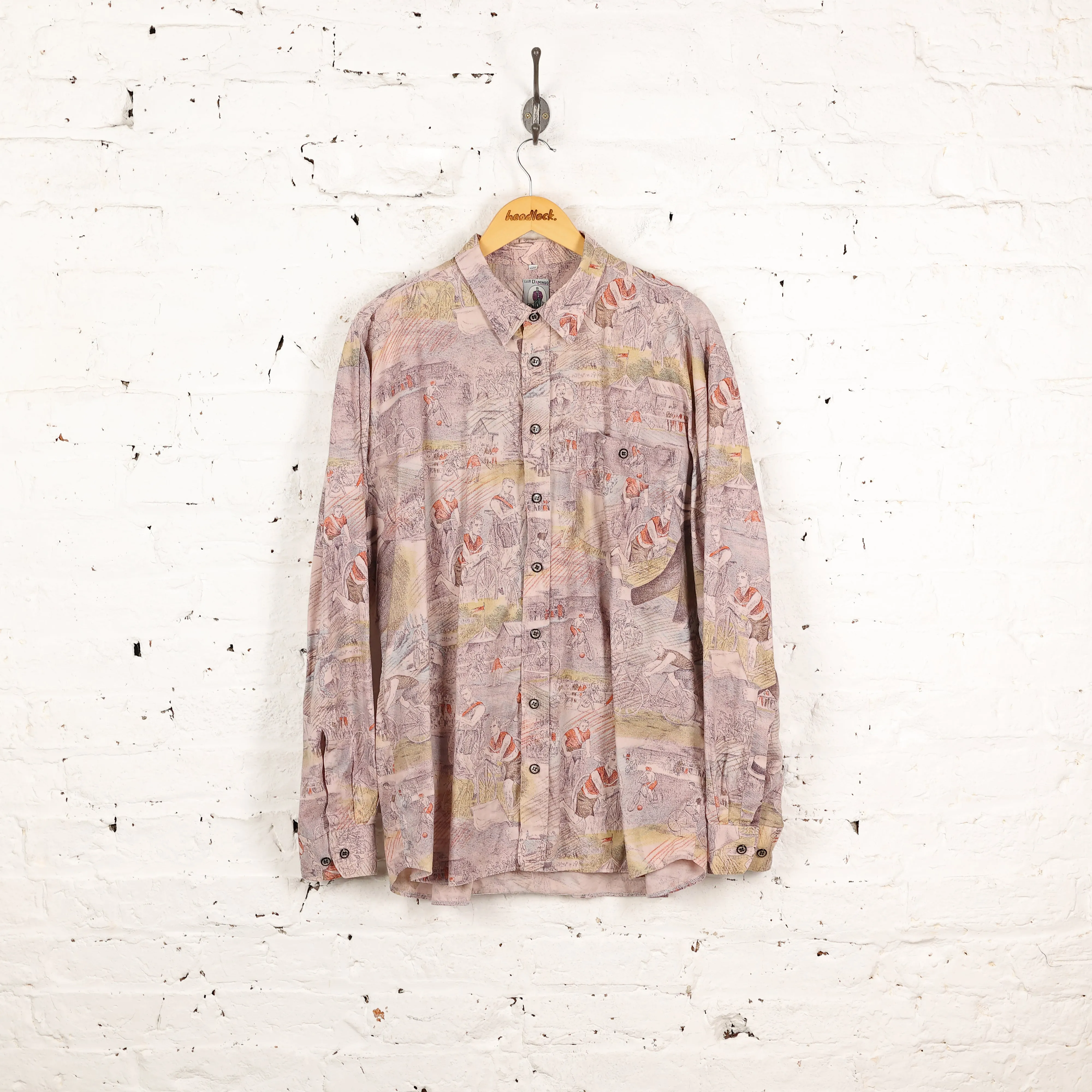 90s Long Sleeve Bikes Pattern Shirt - Pink - L