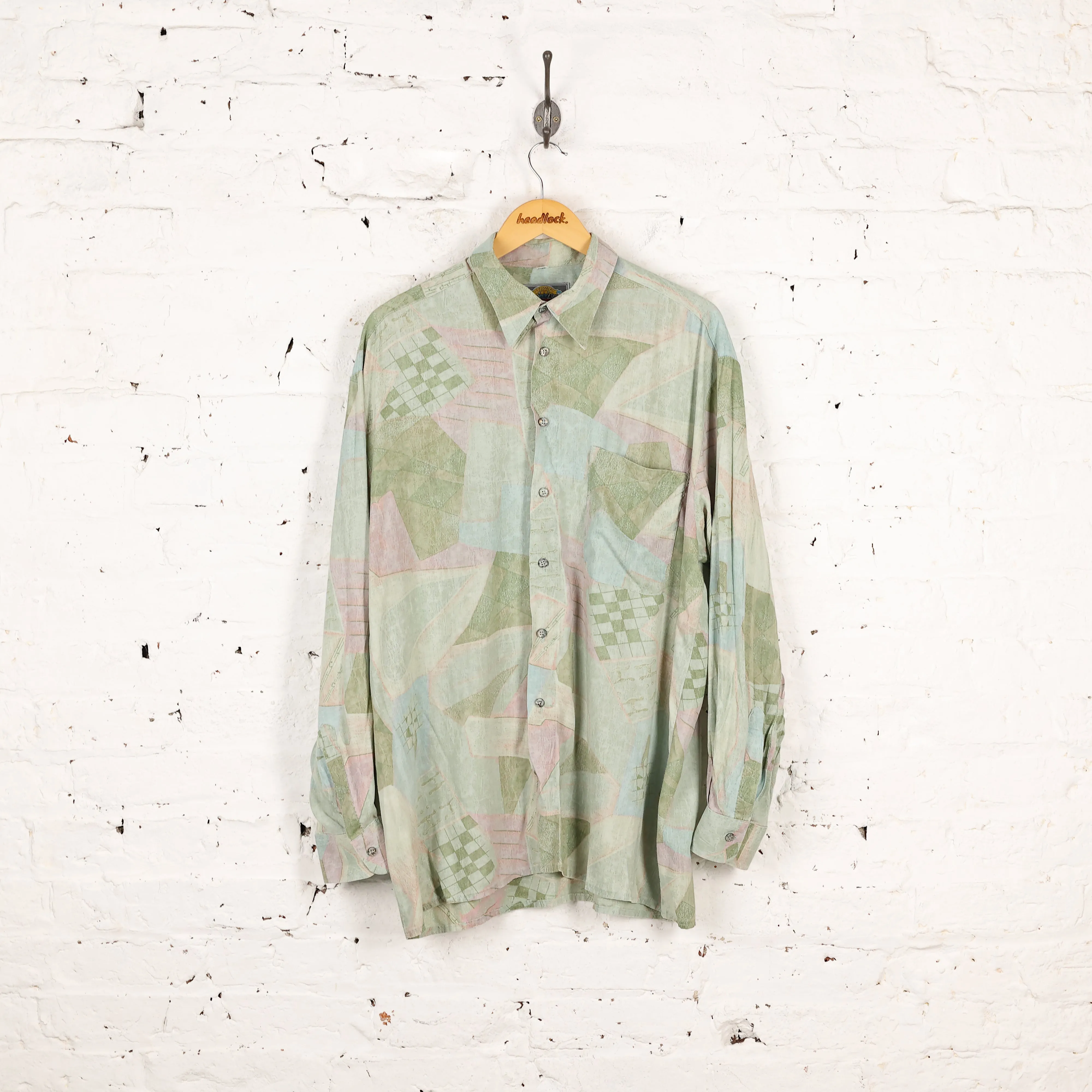 90s Long Sleeve Pattern Shirt - Green - L