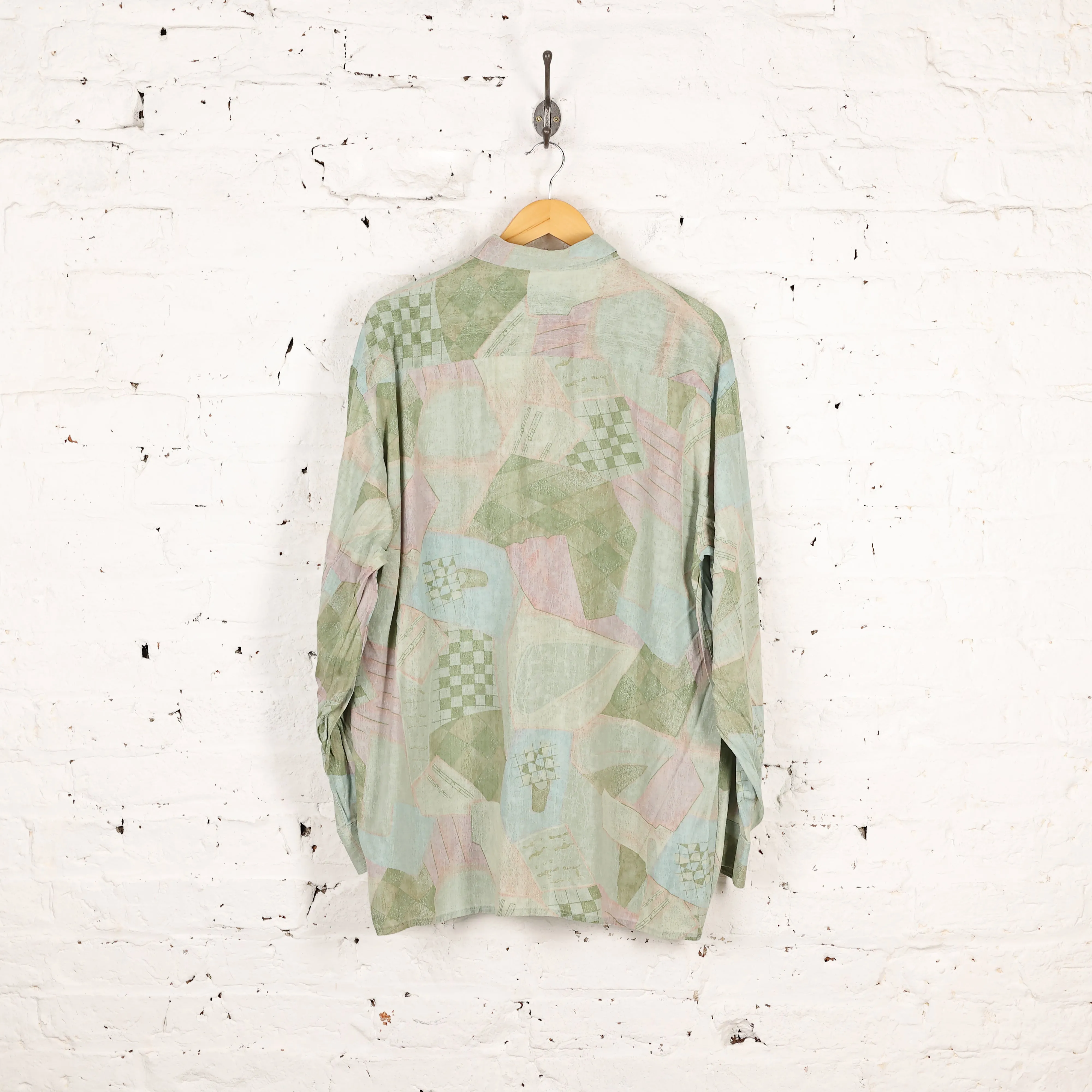 90s Long Sleeve Pattern Shirt - Green - L