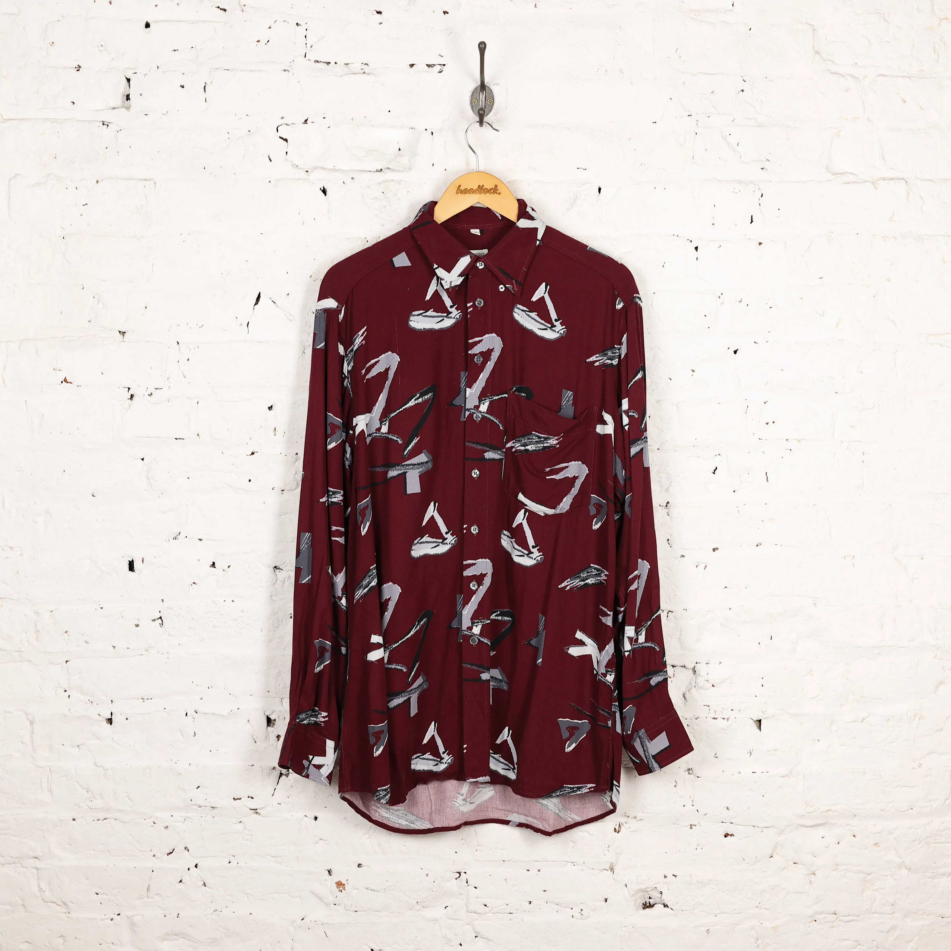 90s Long Sleeve Pattern Shirt - Maroon - M