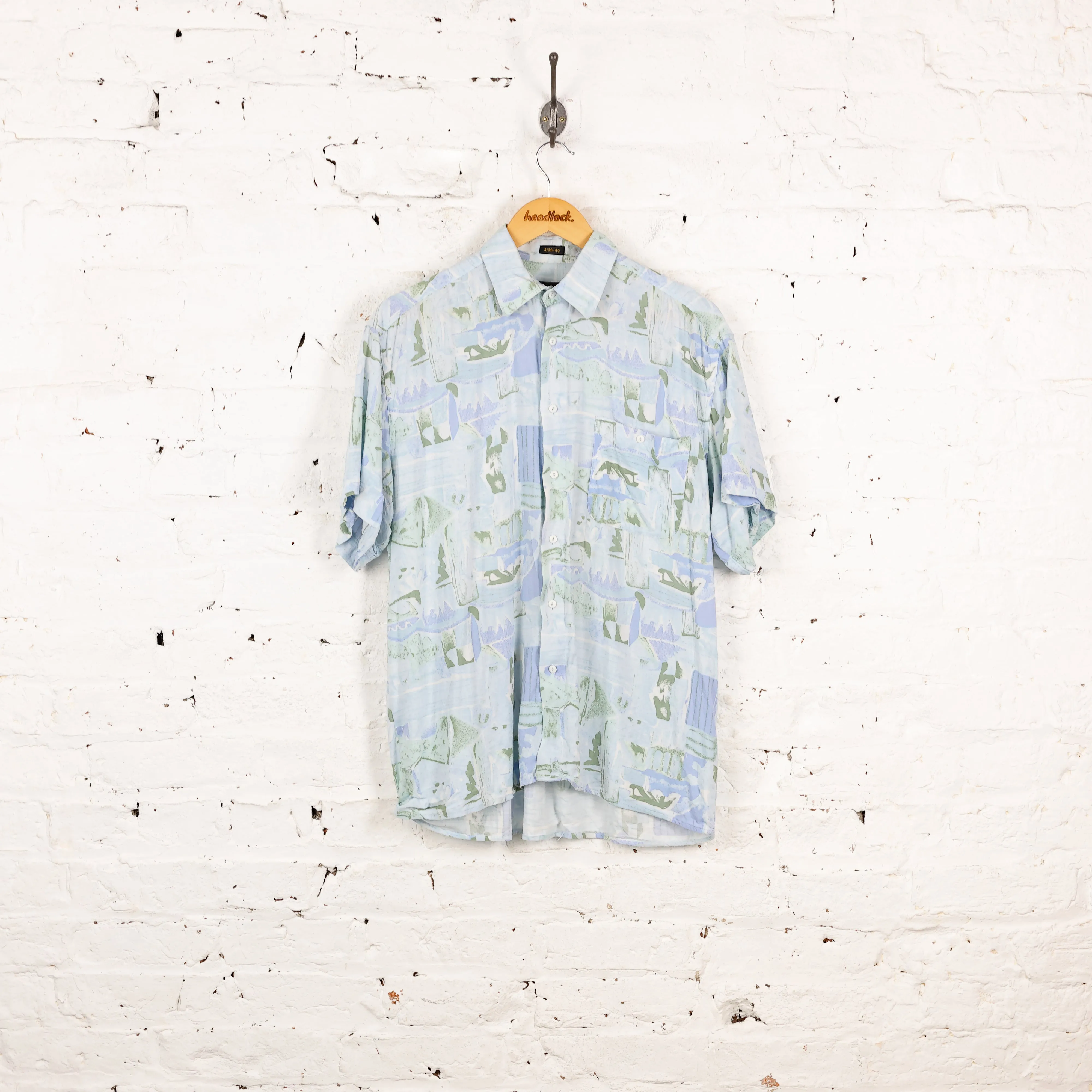 90s Short Sleeve Pattern Shirt - Blue - M