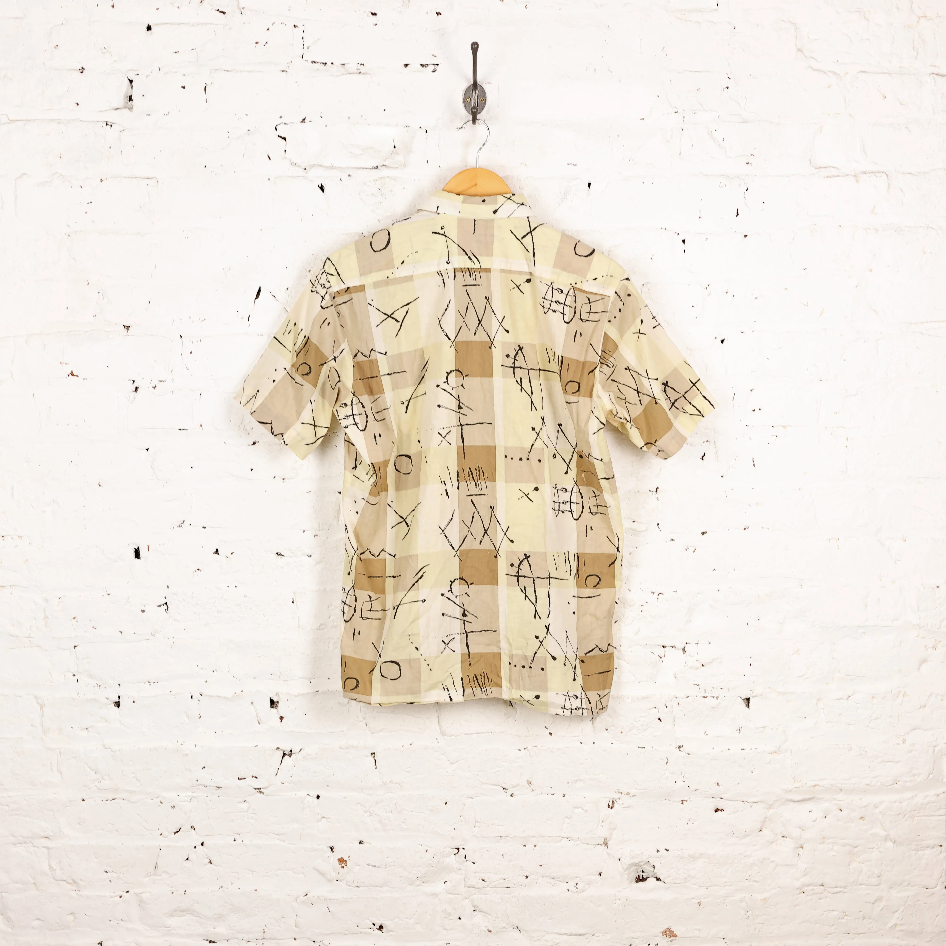 90s Short Sleeve Squares Pattern Shirt - White - M