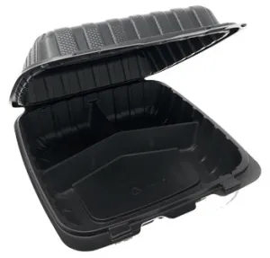 9" X 9" X 3" PLASTIC POLYPROPYLENE HINGED CONTAINER VENDTED 3 COMP-150CT