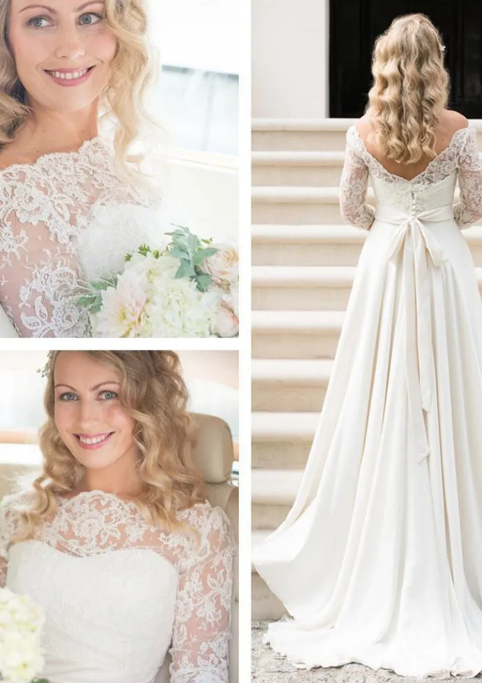 A-line Scalloped Neck Long Sleeve Sweep Lace Satin Wedding Dress, Sash