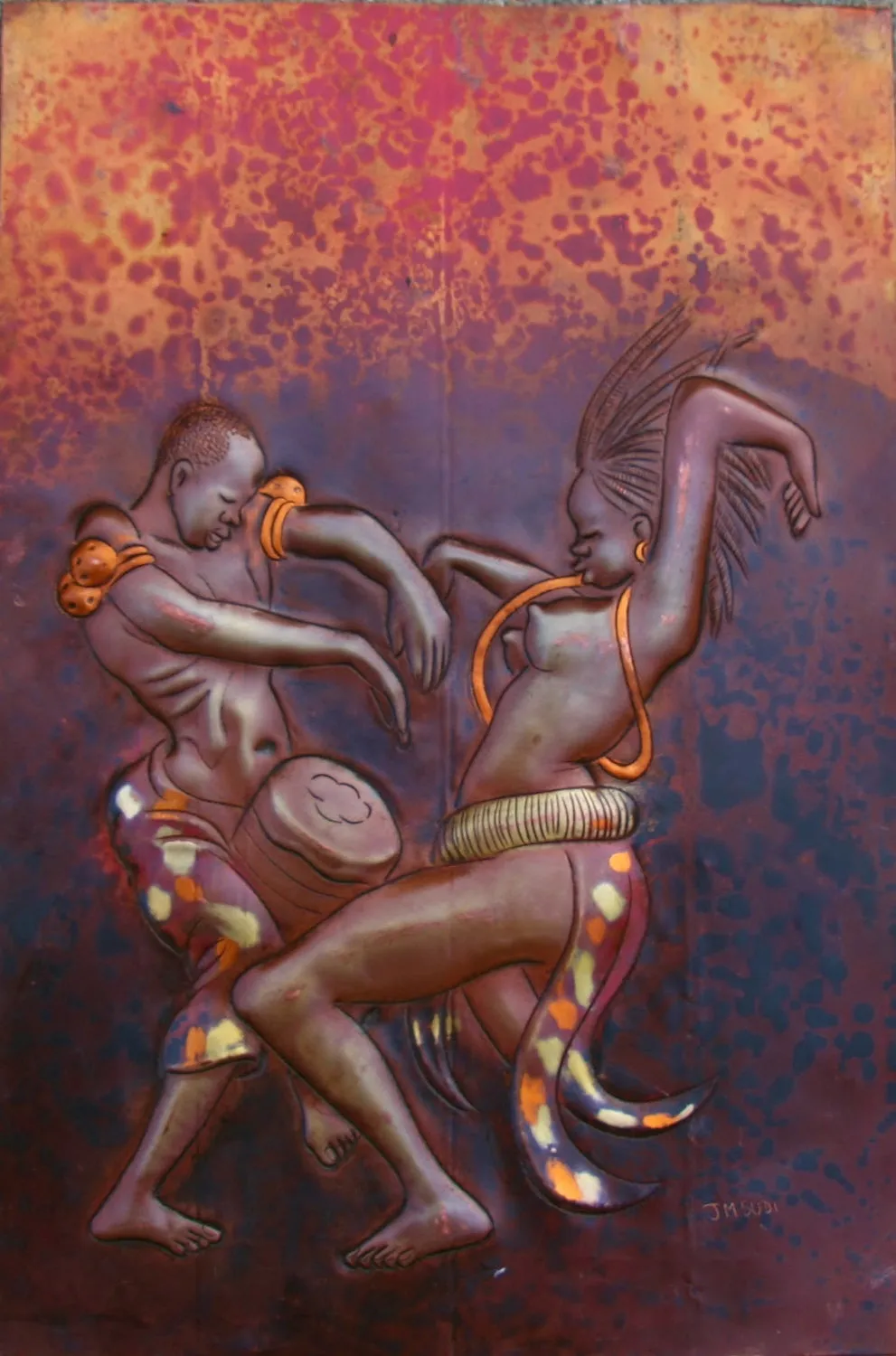 African Copper Art  - African Couple Dancing with Conga -Congo DRC - 8" X 12"