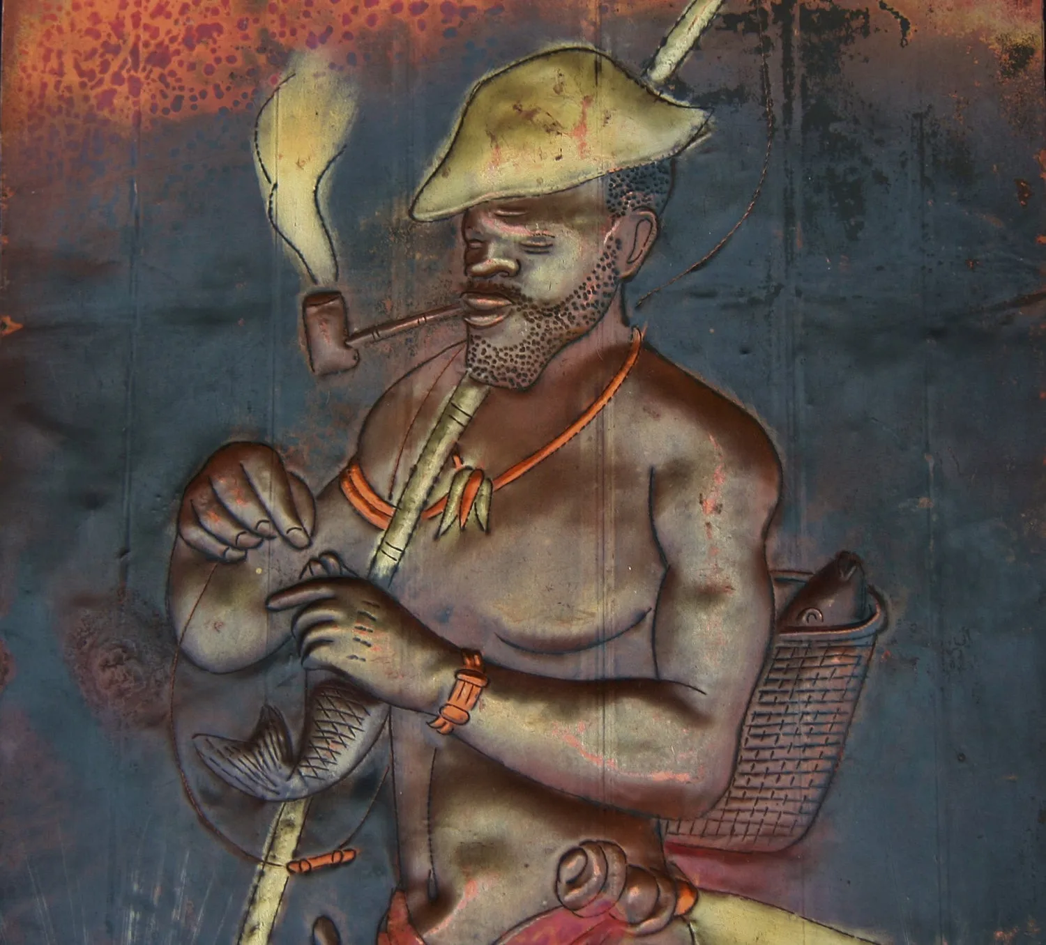 African Copper Art Fisherman With Pipe and Rod - Congo - 23.5" X 15.5"