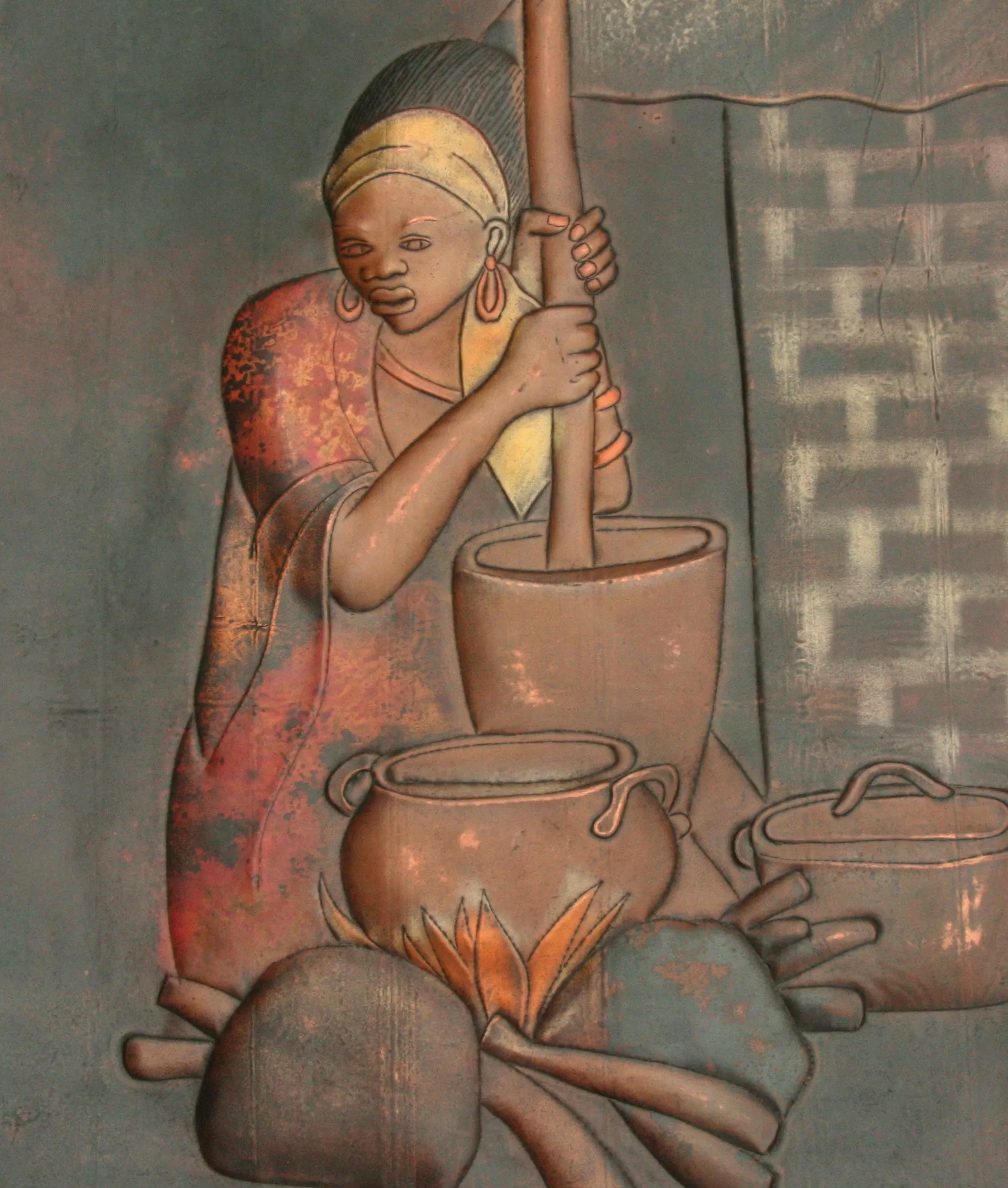 African Copper Art Tribal Beauty Preparing Food 23"H X 15"W Congo Copper Relief Art
