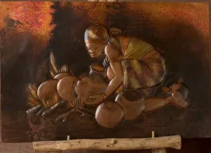 African Copper Art Tribal Woman Pots & Fire 15" X 23" Congo D.R.C.