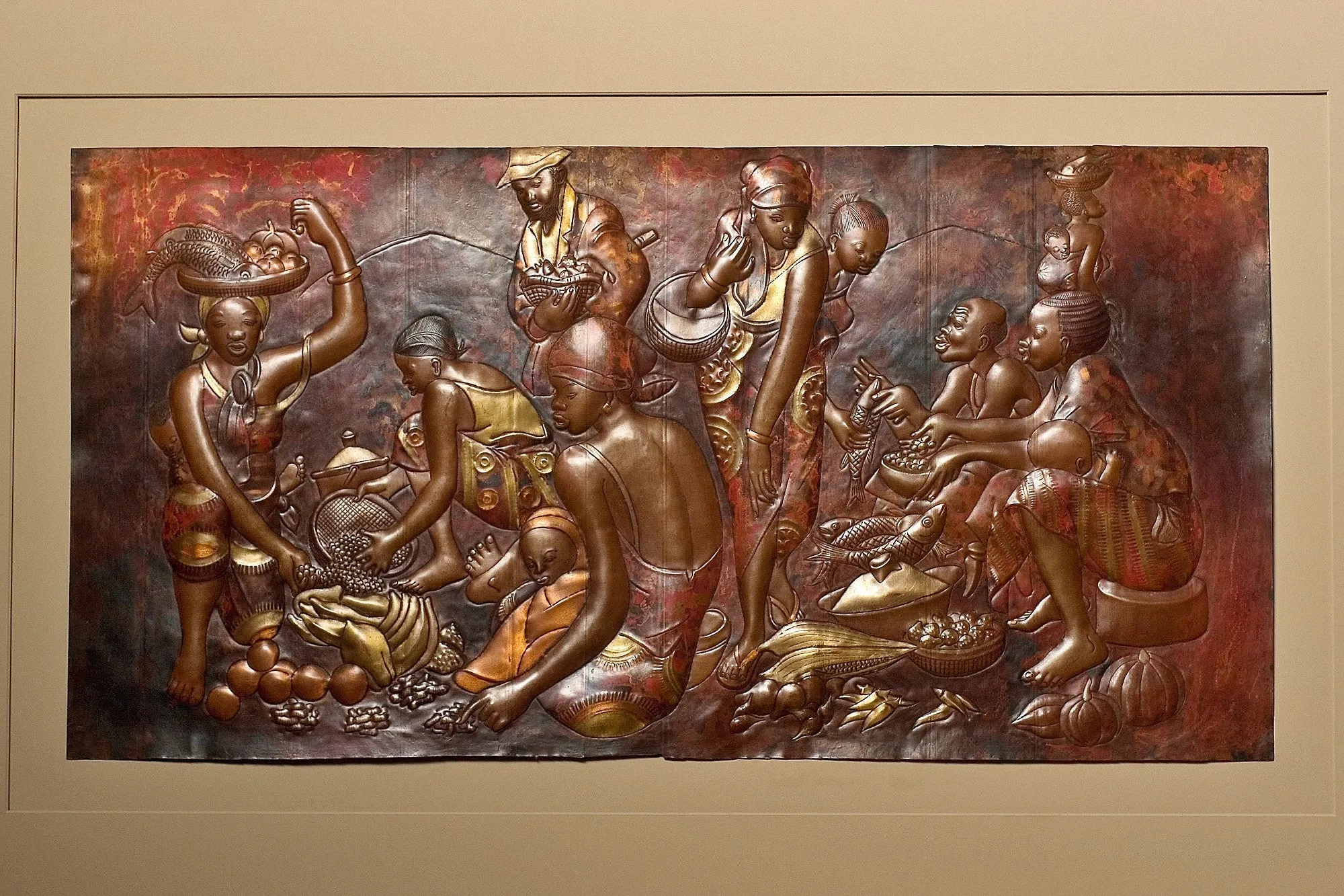 African Copper Art Tribal Woman Pots & Fire 15" X 23" Congo D.R.C.