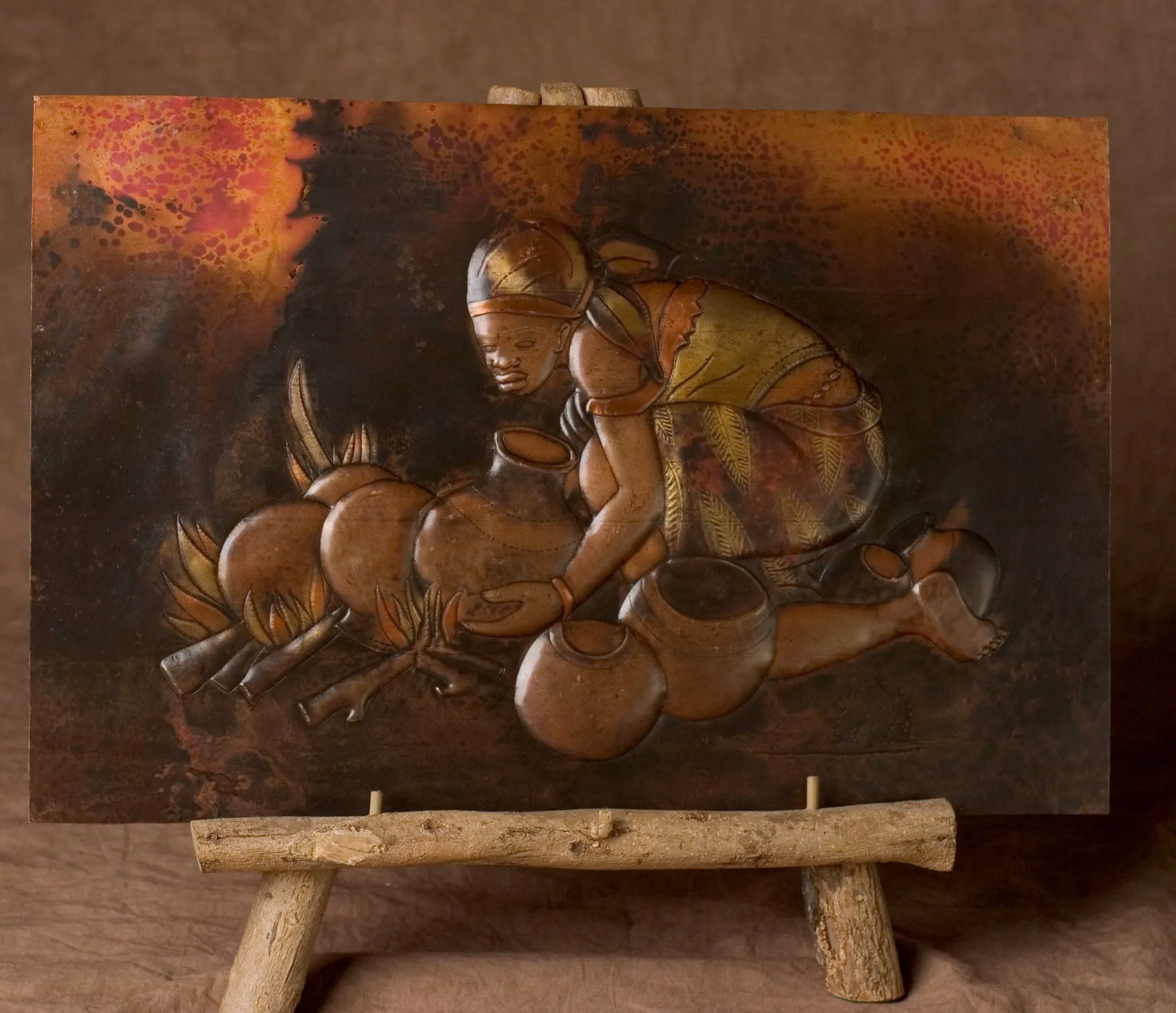 African Copper Art Tribal Woman Pots & Fire 15" X 23" Congo D.R.C.