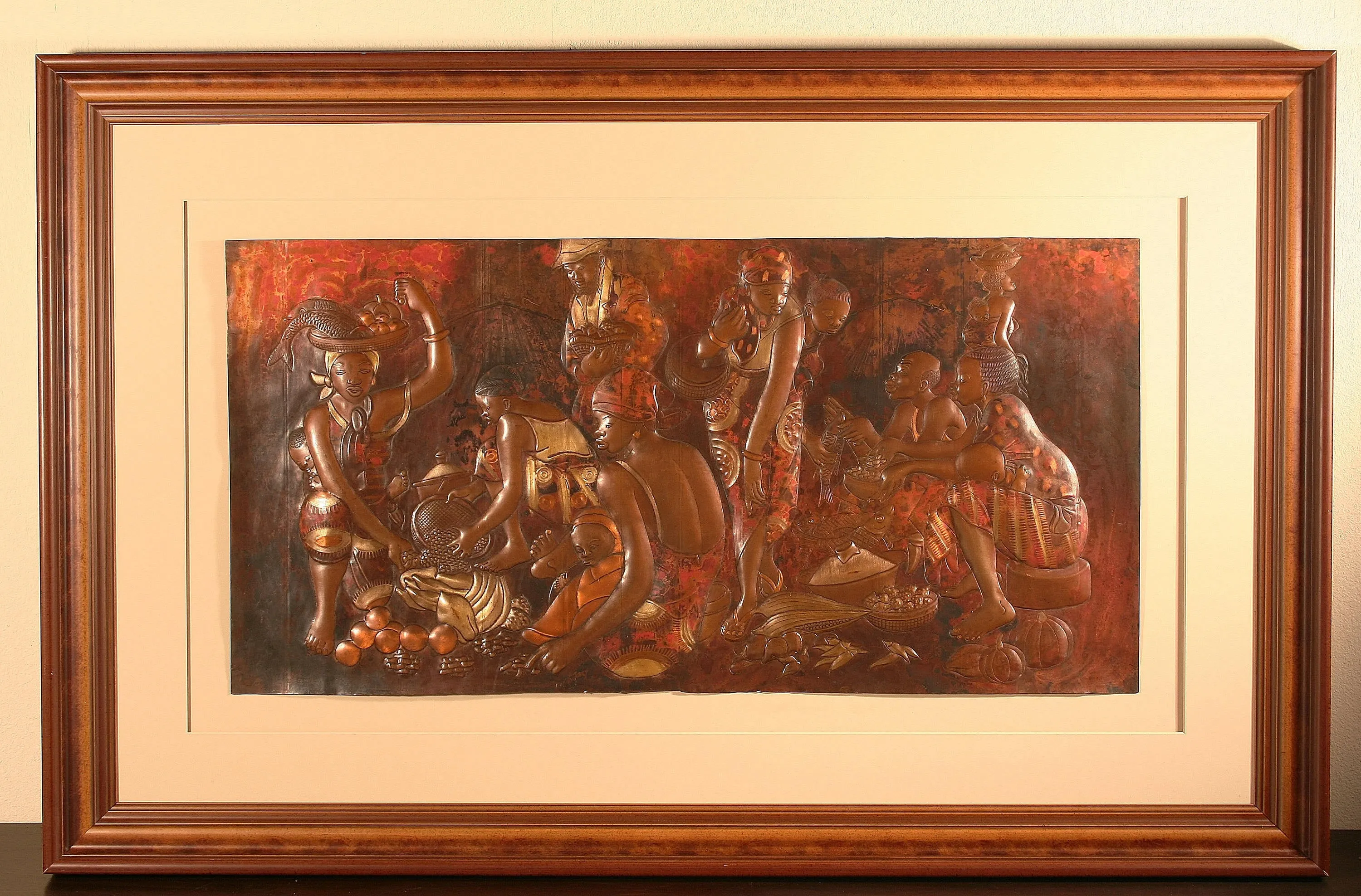 African Copper Relief Art Hunter in Reeds With Spear 8"H X 5.25"W Vintage Handcrafted in the Congo