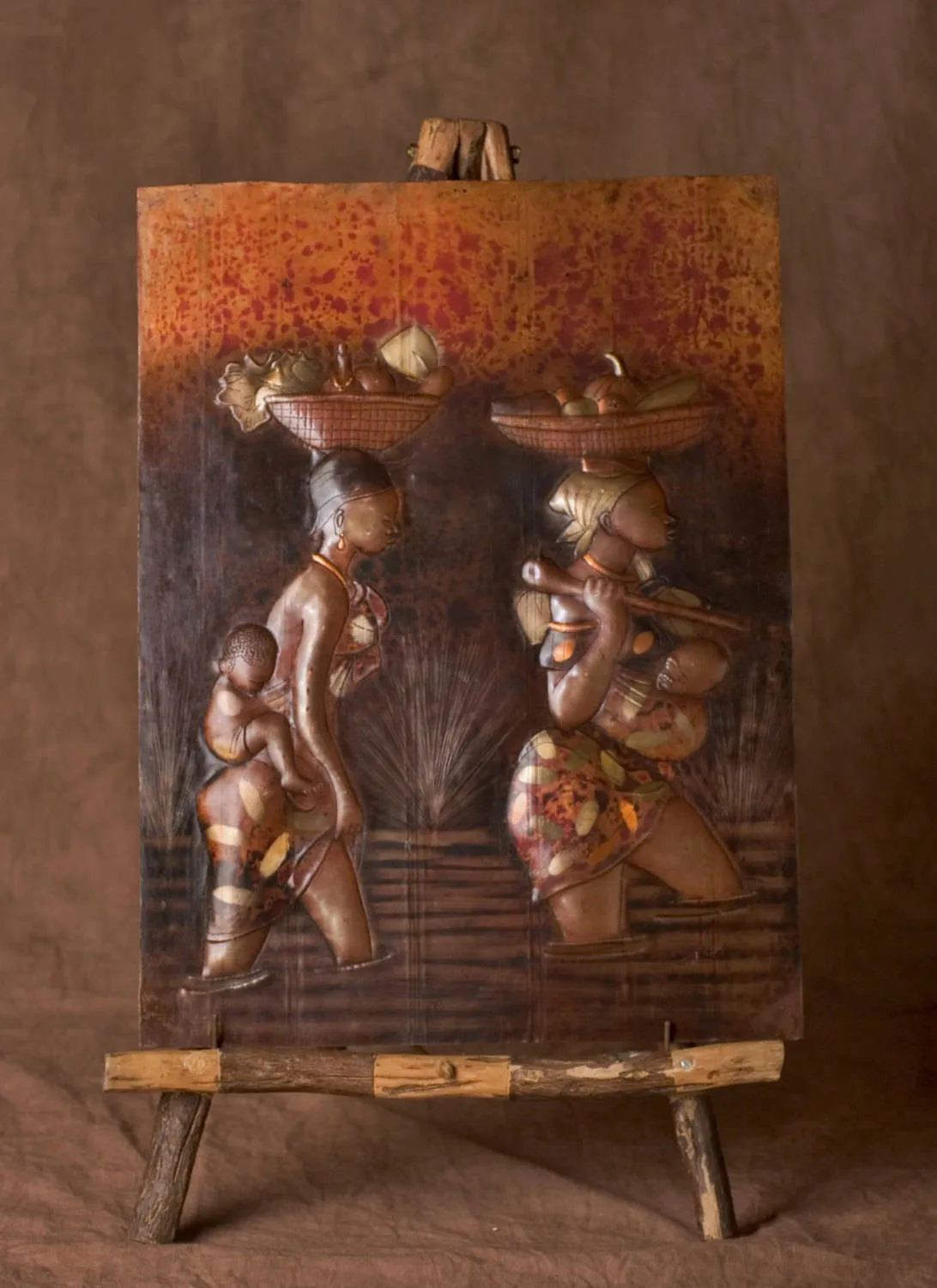 African Copper Relief Art Hunter in Reeds With Spear 8"H X 5.25"W Vintage Handcrafted in the Congo