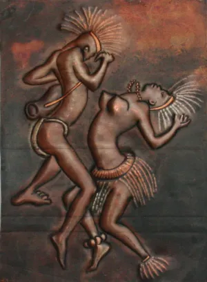 African Copper Relief Art Tribal Couple Dancing 7.5"H X 5.5"W Vintage Handcrafted in the Congo