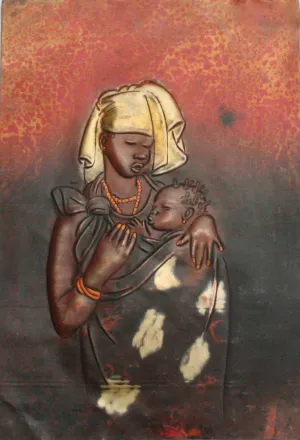 African Copper Relief Art Tribal Mother and Child  12"H X 8.25"W Vintage Handcrafted in the Congo