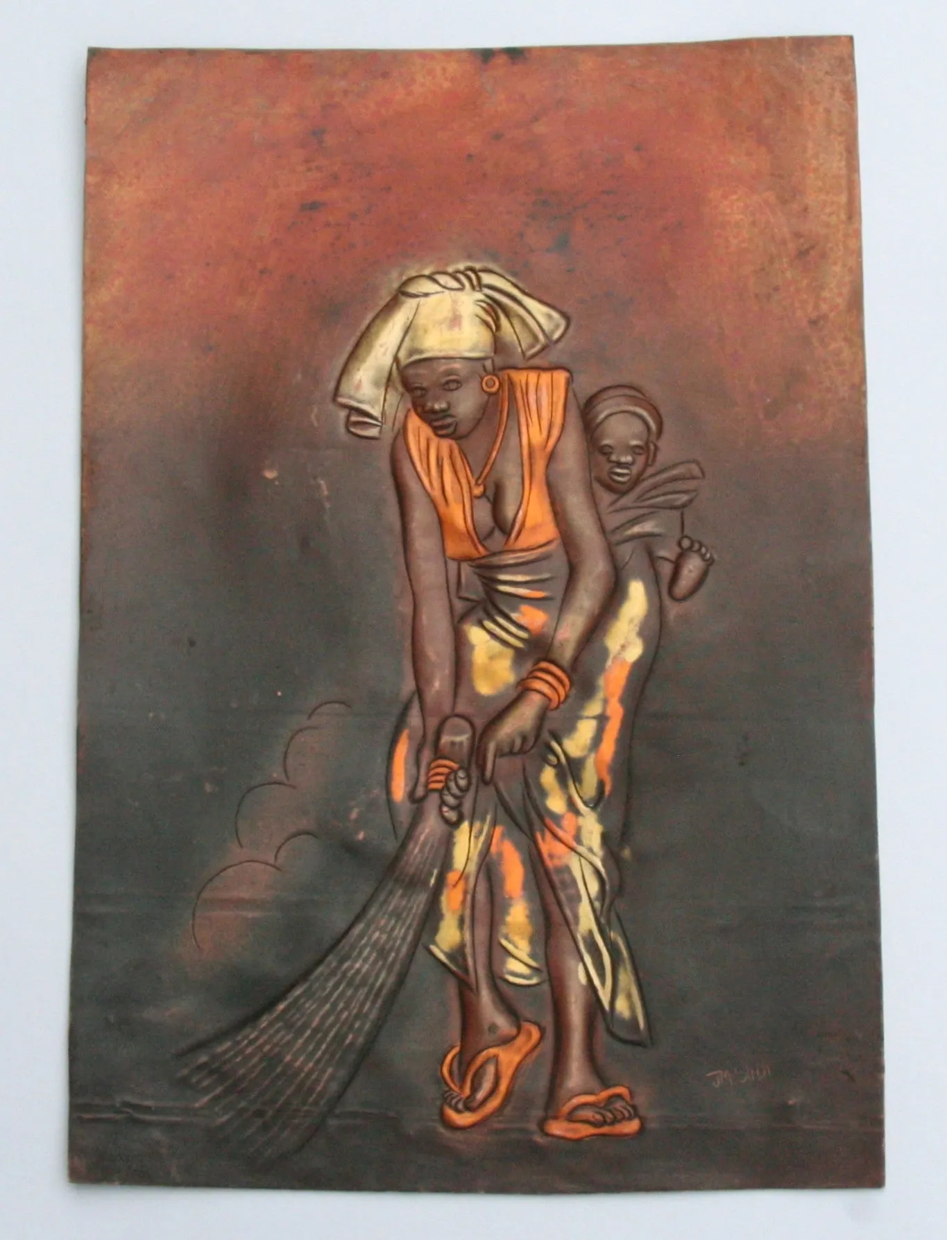 African Copper Relief Art Tribal Mother in Finery and Ceremonial Broom With Baby on Back 12"H X 8"W Vintage Congo
