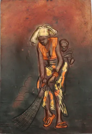 African Copper Relief Art Tribal Mother in Finery and Ceremonial Broom With Baby on Back 12"H X 8"W Vintage Congo