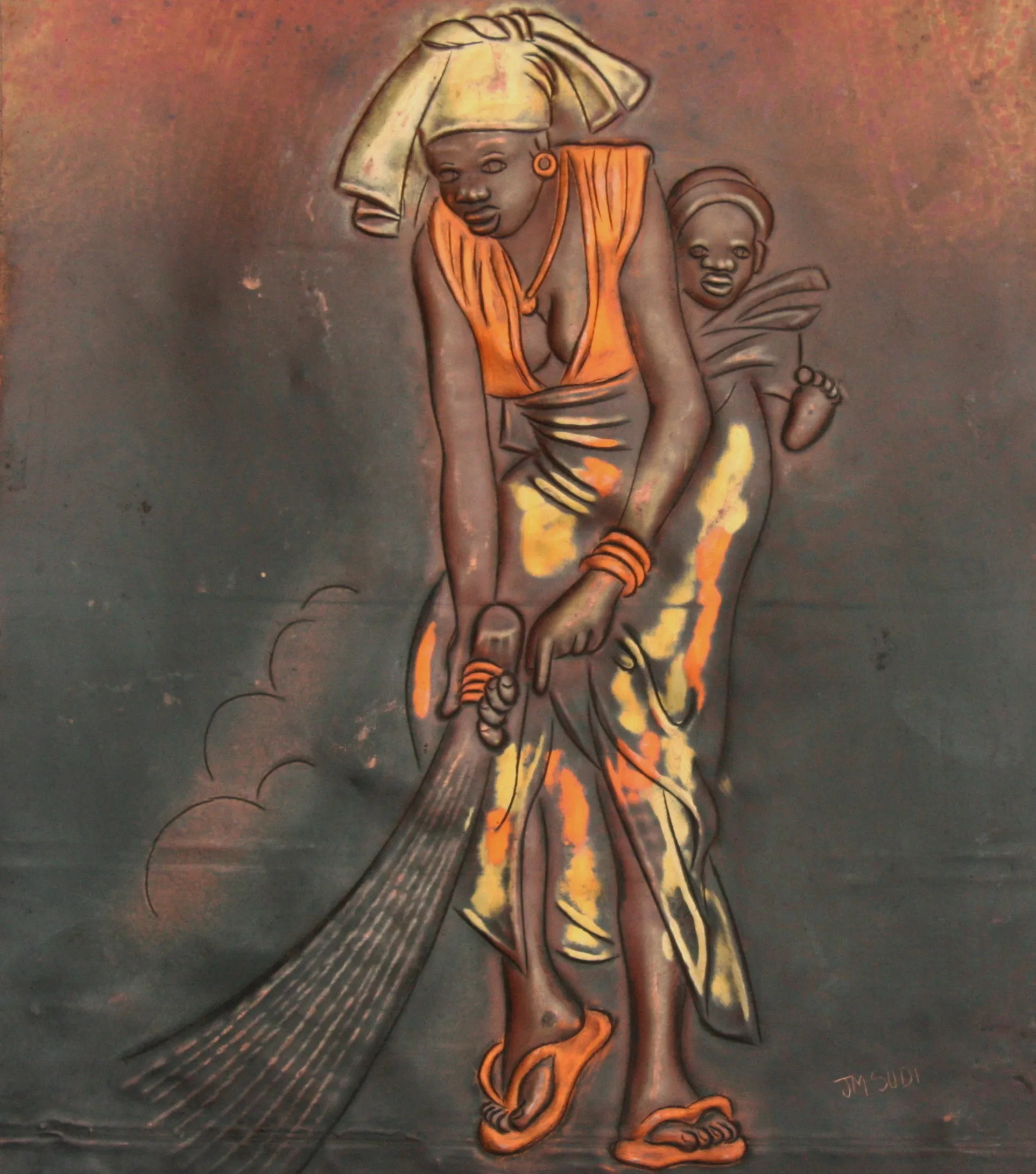 African Copper Relief Art Tribal Mother in Finery and Ceremonial Broom With Baby on Back 12"H X 8"W Vintage Congo
