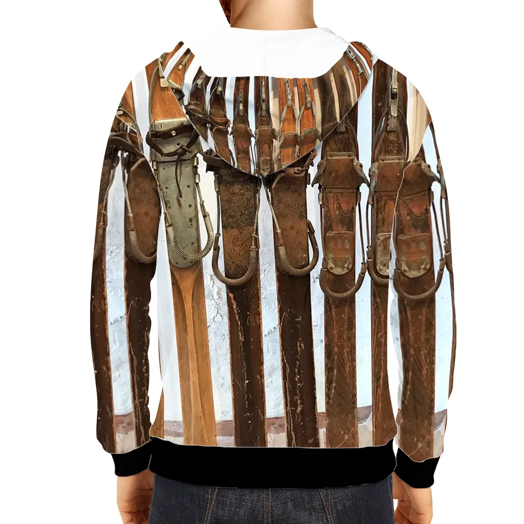 All-Over Print Pullover Hoodie - Vintage Wooden Skis