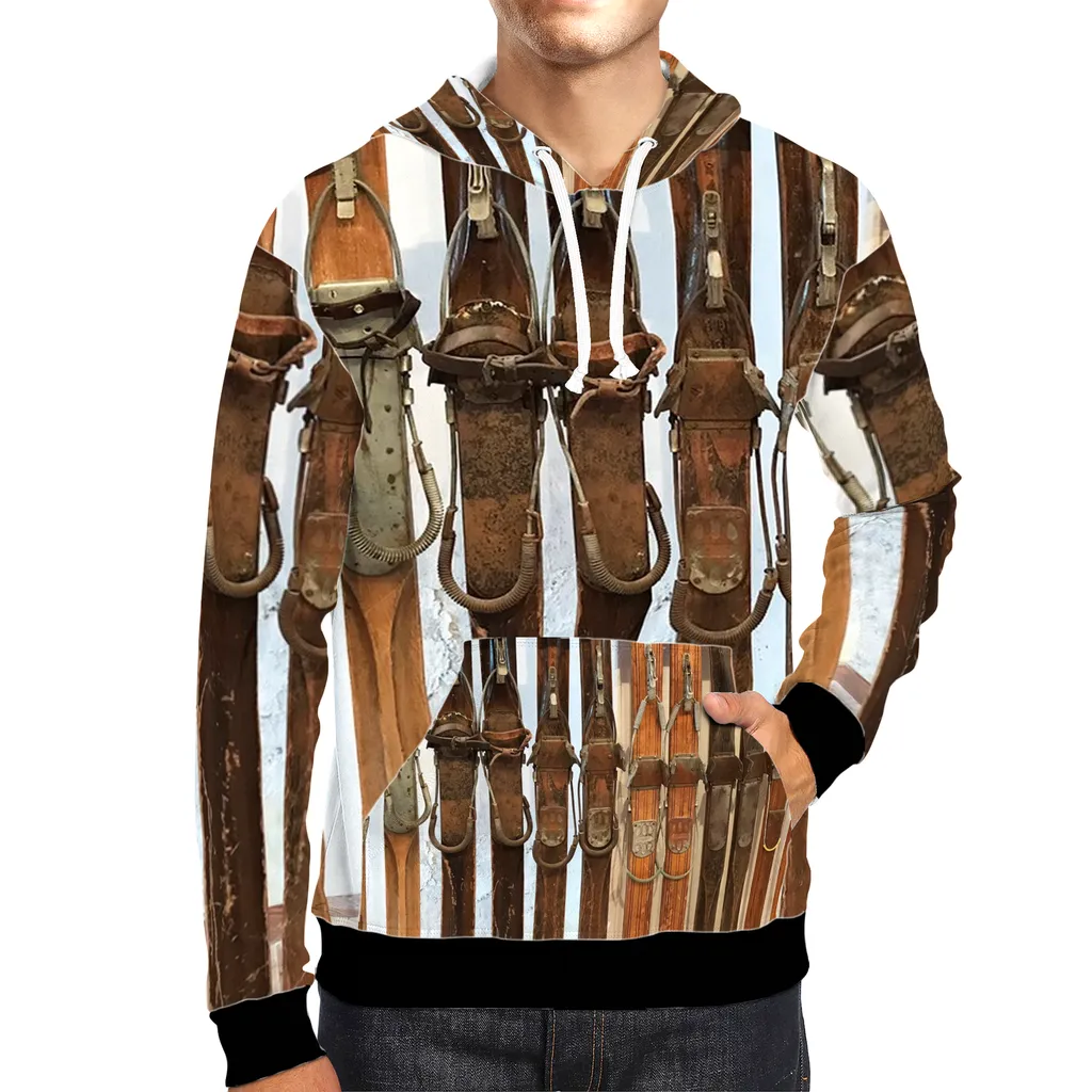 All-Over Print Pullover Hoodie - Vintage Wooden Skis